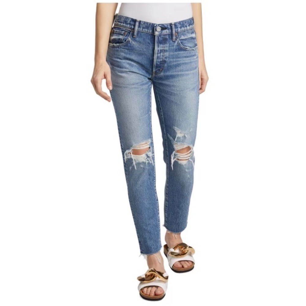 Moussy Vintage MV Visalia Tapered Mid Jeans Blue Distressed  24 NEW